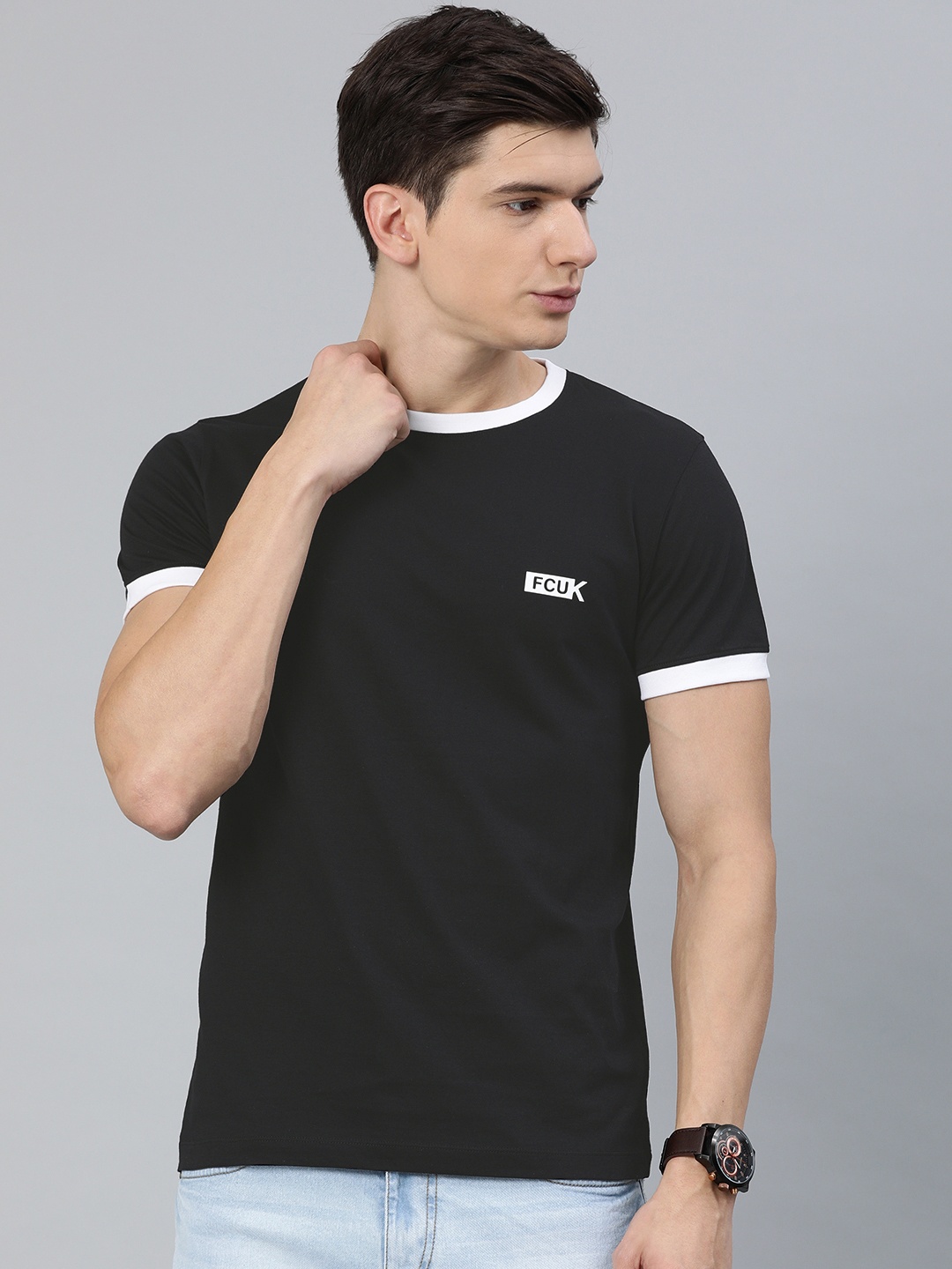 

French Connection Men Black Solid Slim Fit Round Neck Pure Cotton T-shirt