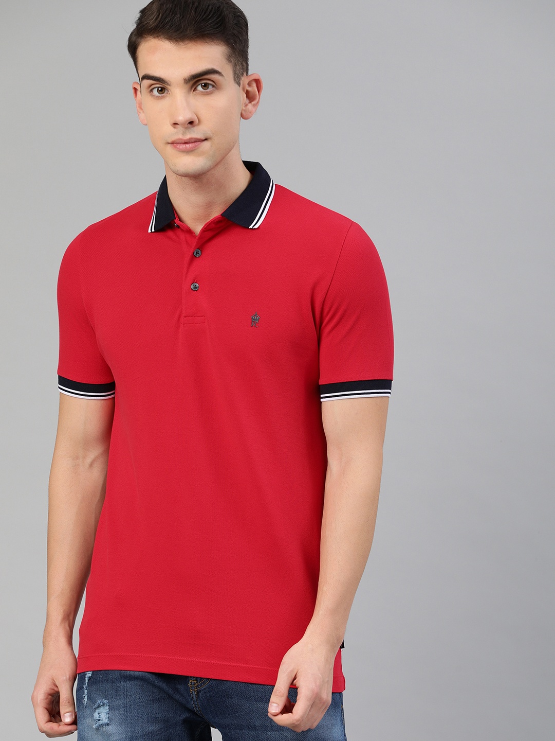 

French Connection Men Red Solid Polo Collar Pure Cotton T-shirt