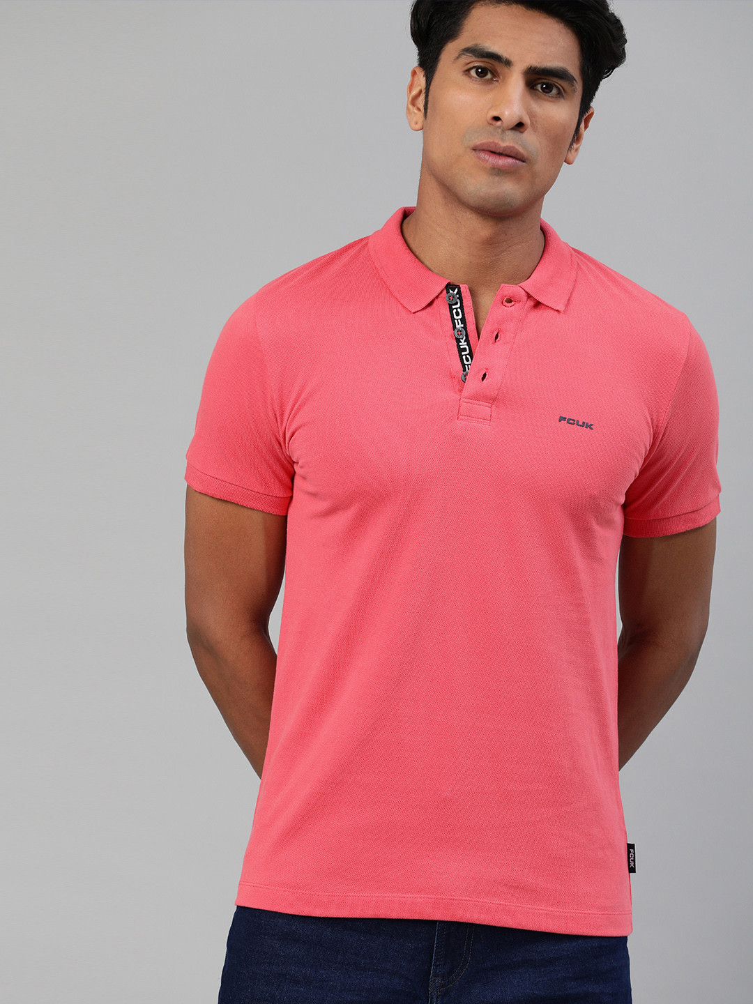 

French Connection Men Pink Solid Polo Collar Pure Cotton T-shirt