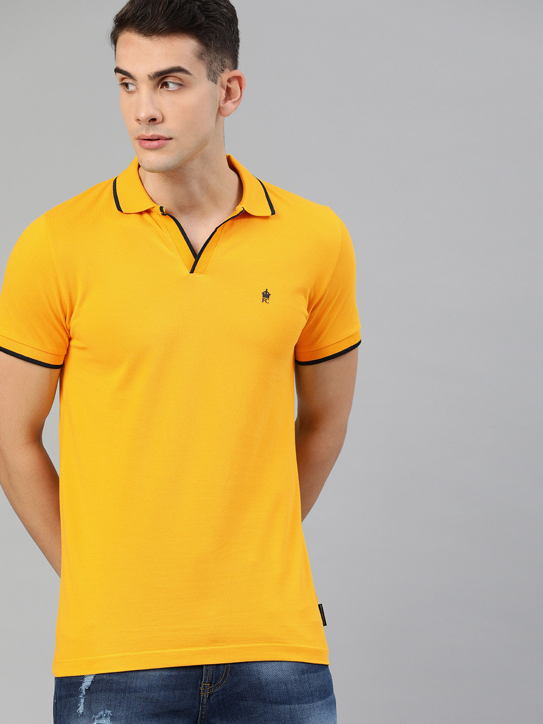 

French Connection Men Mustard Yellow Solid Polo Collar Pure Cotton T-shirt