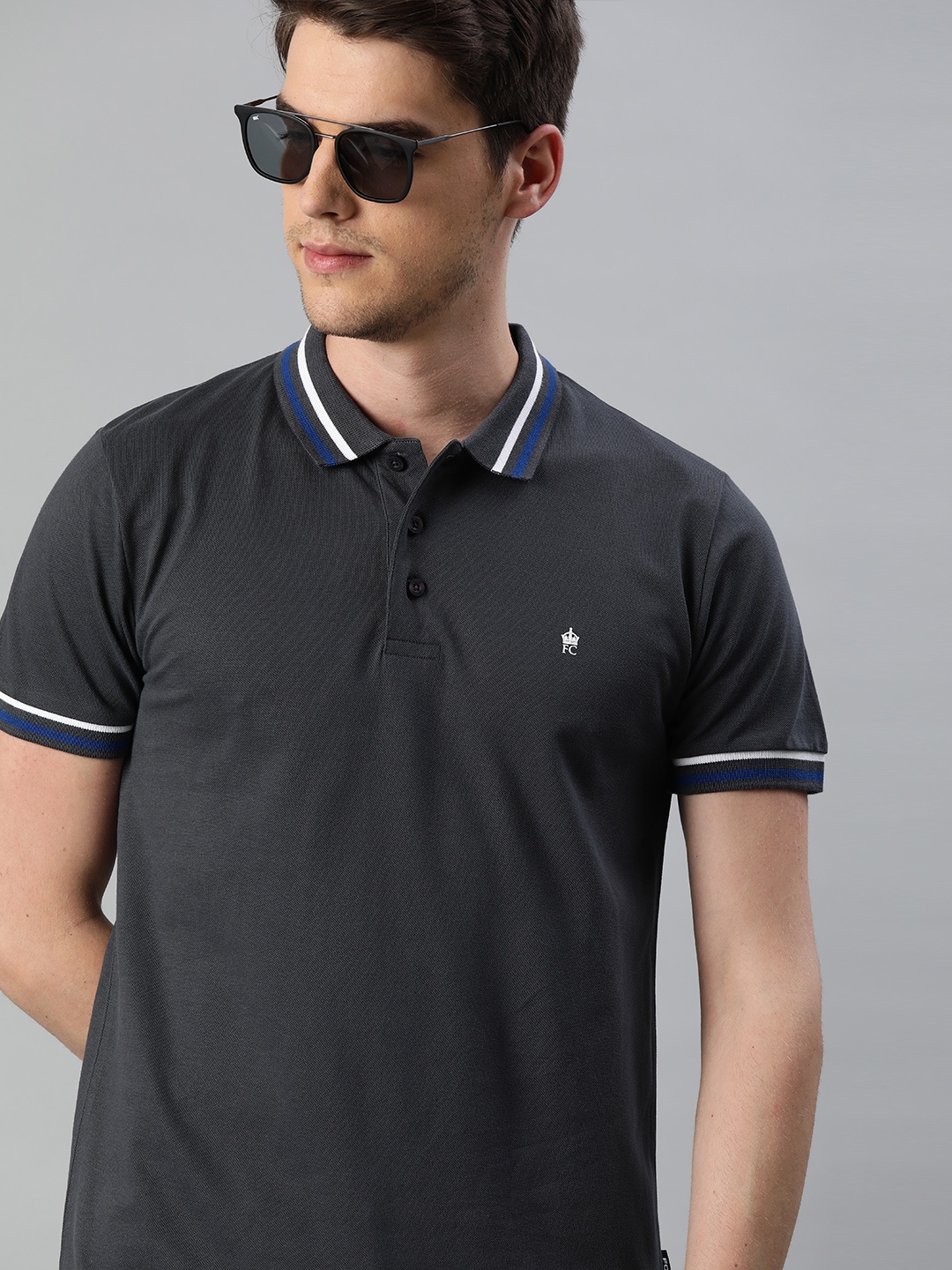 

French Connection Men Charcoal Grey Solid Slim Fit Polo Collar Pure Cotton T-shirt