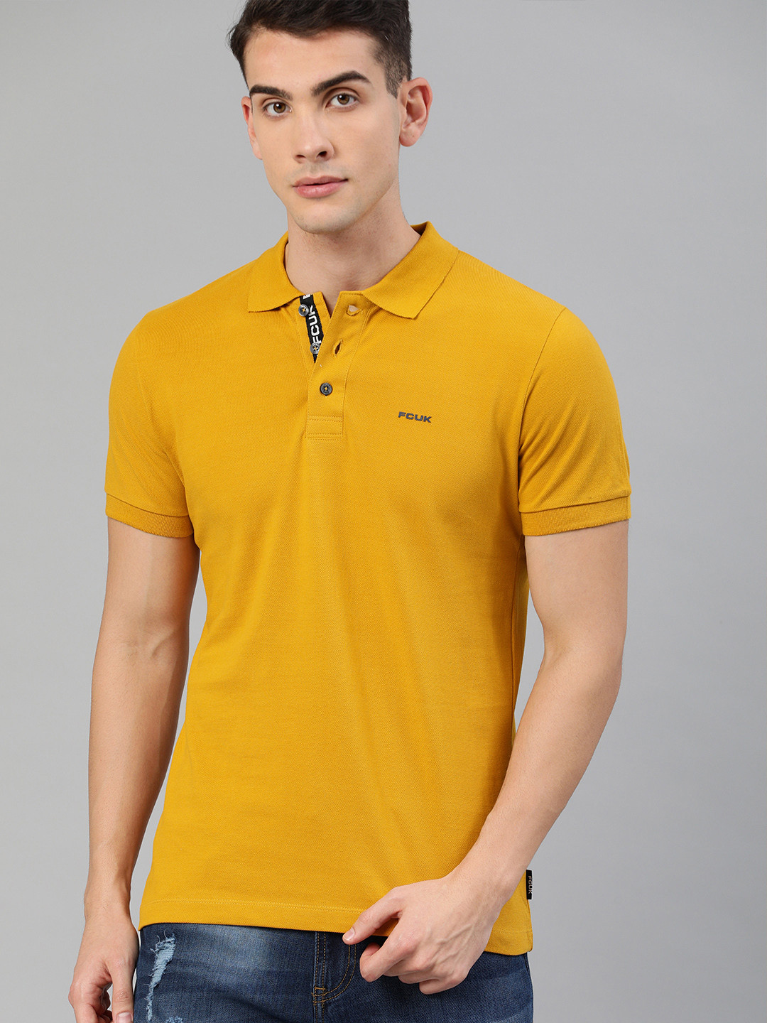 

French Connection Men Mustard Yellow Solid Polo Collar Pure Cotton T-shirt