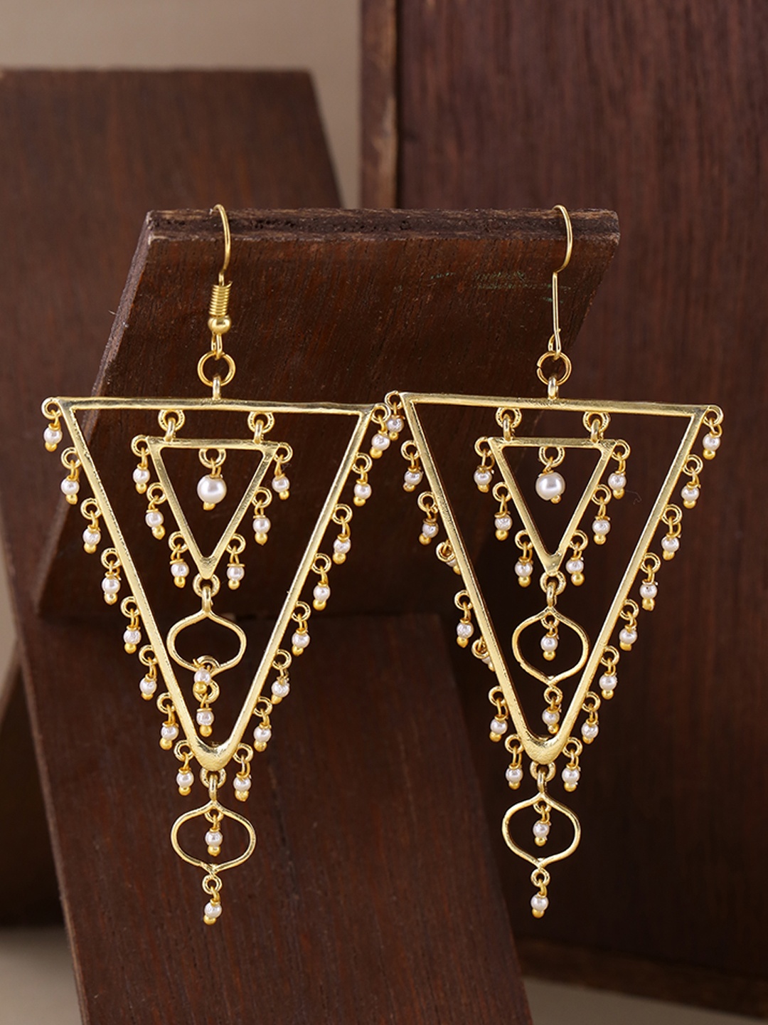 

Voylla Brass-Plated Gold-Toned Geometric Pearl Embellished Drop Earrings
