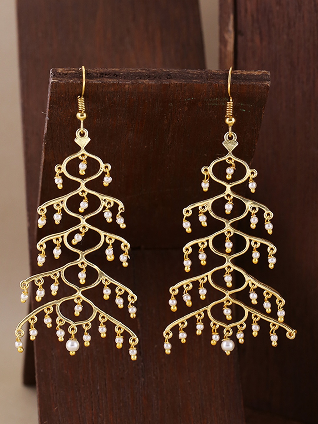 

Voylla Brass-Plated Gold-Toned Jaali Pearl Layered Contemporary Drop Earrings