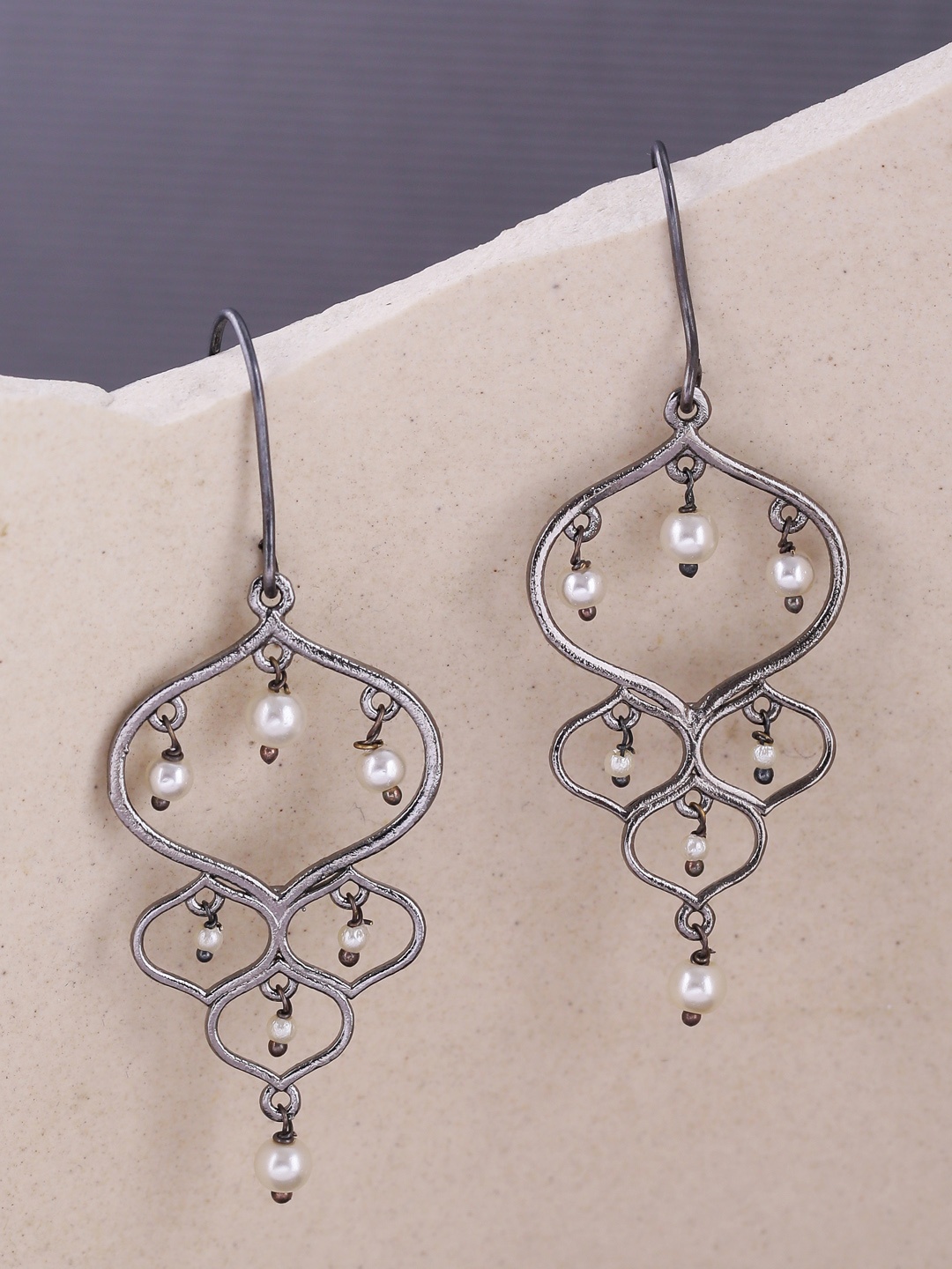 

Voylla Black Rhodium-Plated Contemporary Jaali Pearl Drop Earrings