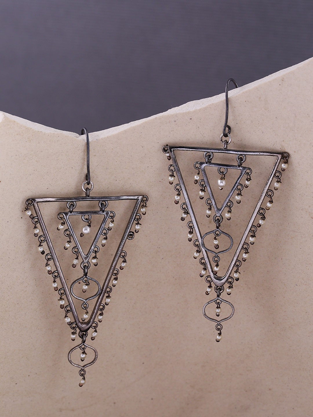 

Voylla Rhodium-Plated Oxidised Silver-Toned Jaali Pearl Layered Triangular Drop Earrings