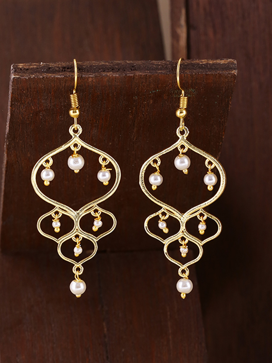 

Voylla Gold-Plated Contemporary Jaali Pearl Drop Earrings