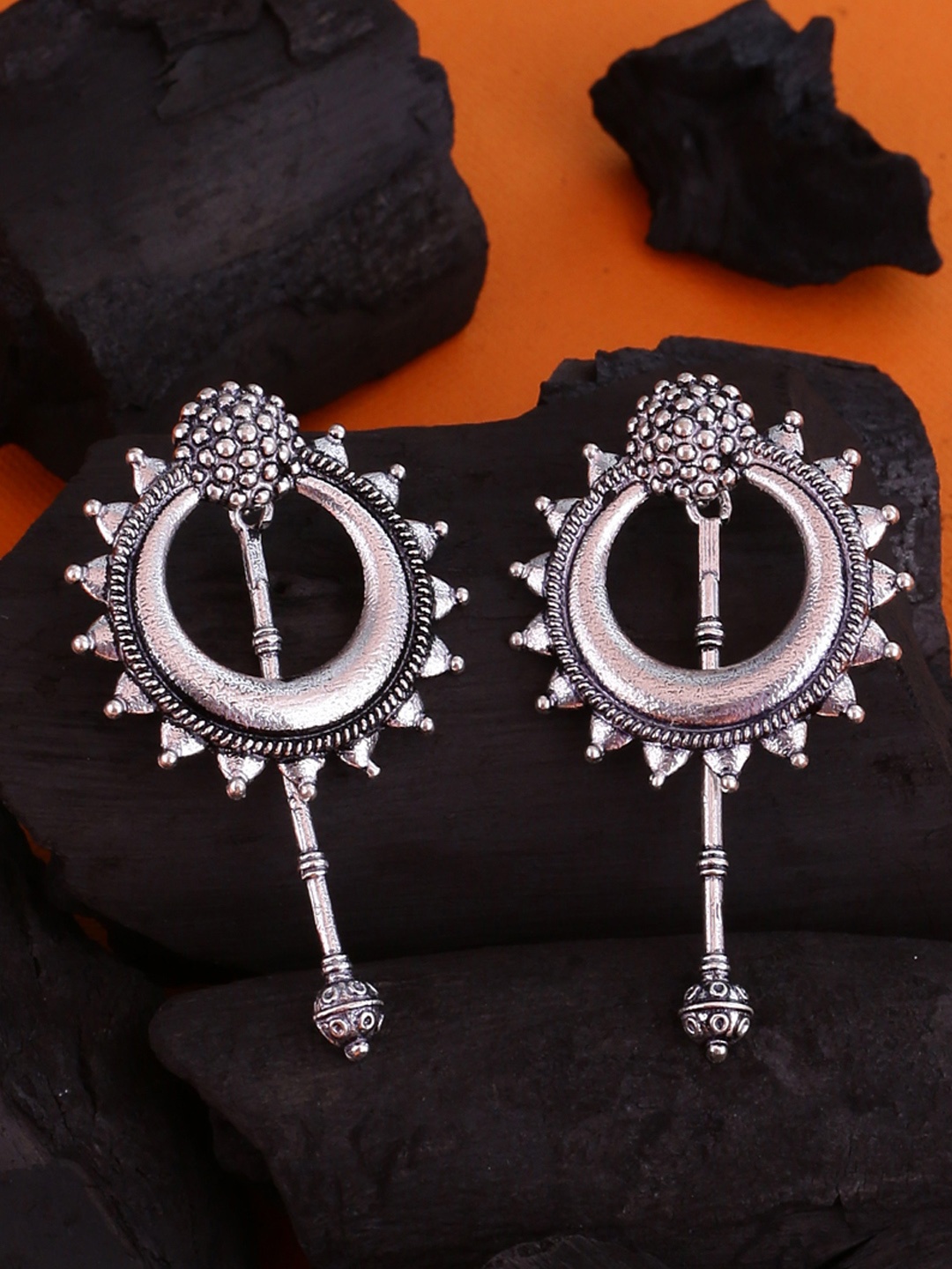 

Voylla Silver-Plated Circular Baigani Tribal Design Drop Earrings