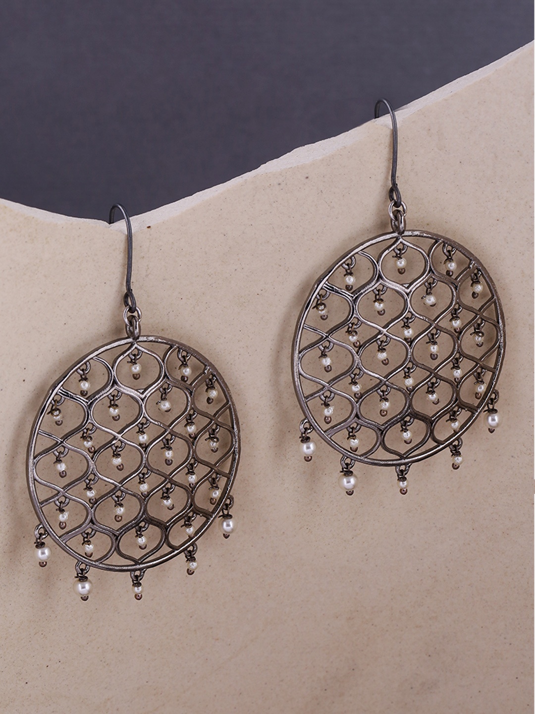 

Voylla Black Rhodium-Plated Circular Jaali Pearl Filigree Drop Earrings