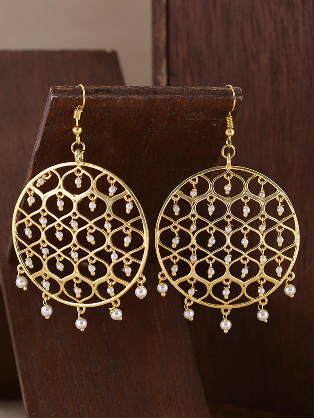 

Voylla Gold-Plated Circular Jaali Pearl Filigree Drop Earrings