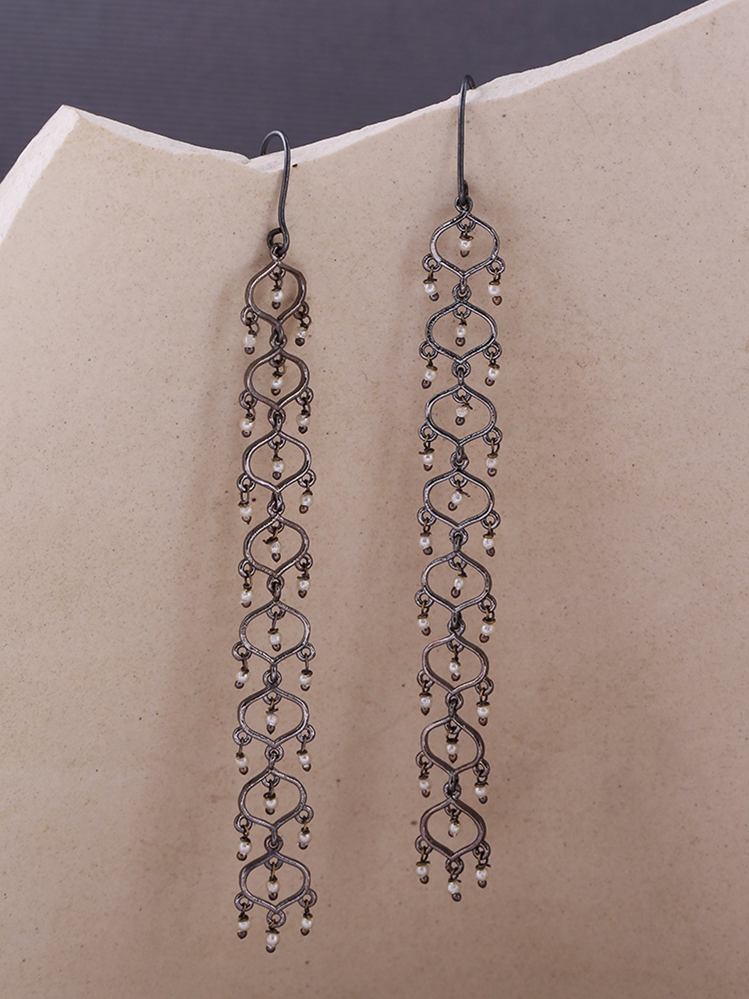 

Voylla Rhodium-Plated Oxidised Silver-Toned Jaali Pearl Contemporary Drop Earrings