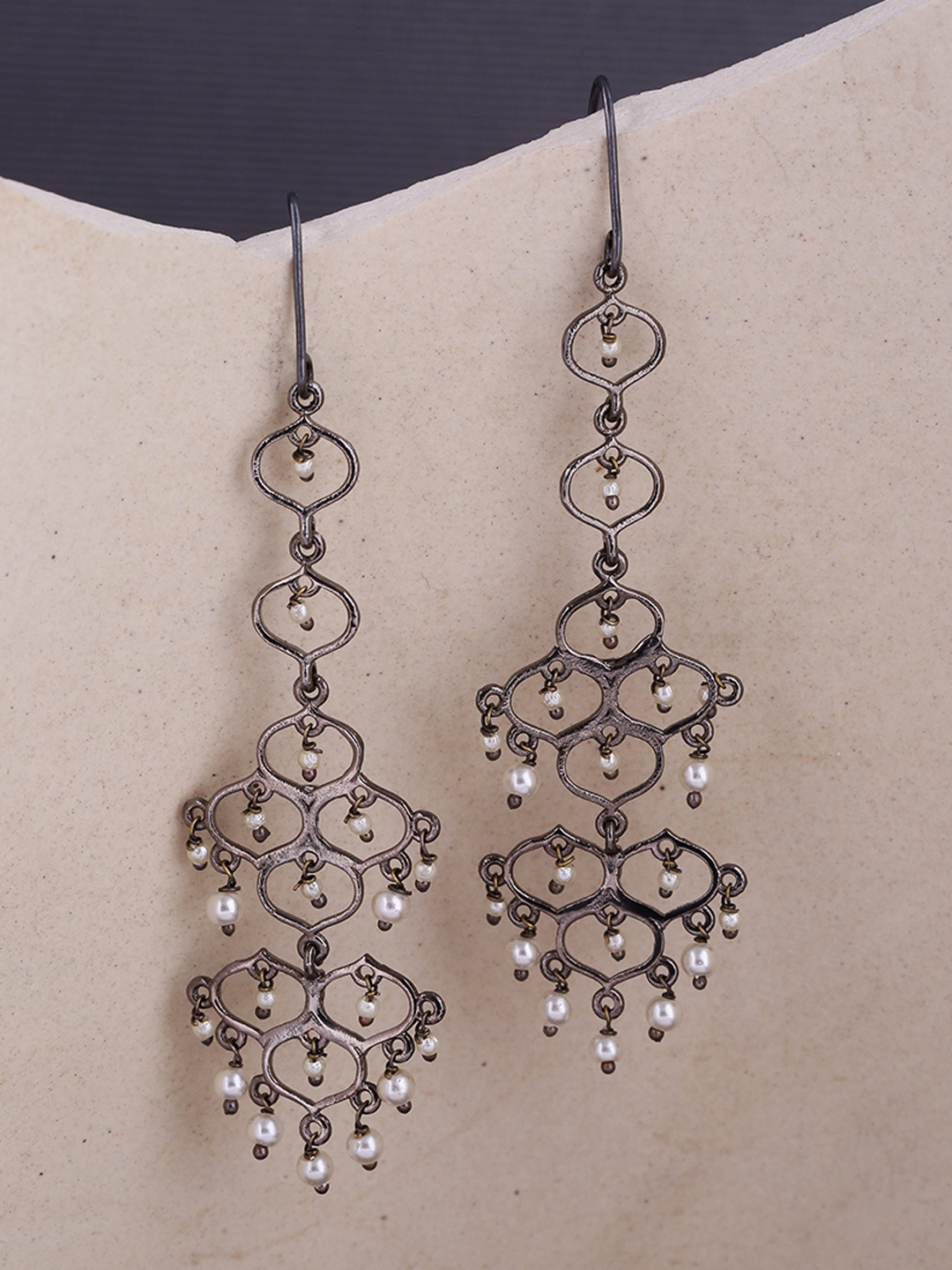 

Voylla Rhodium-Plated Oxidised Silver-Toned Jaali Pearl Contemporary Drop Earrings