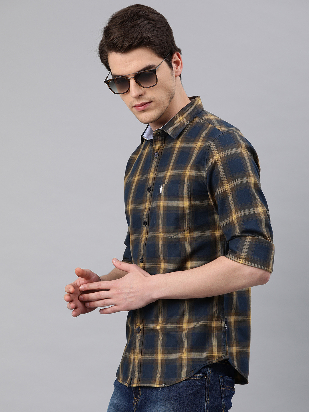 

French Connection Men Navy Blue & Olive Green Slim Fit Checked Casual Shirt