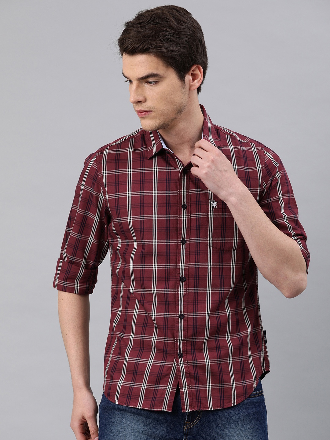 

French Connection Men Burgundy & White Slim Fit Checked Casual Shirt