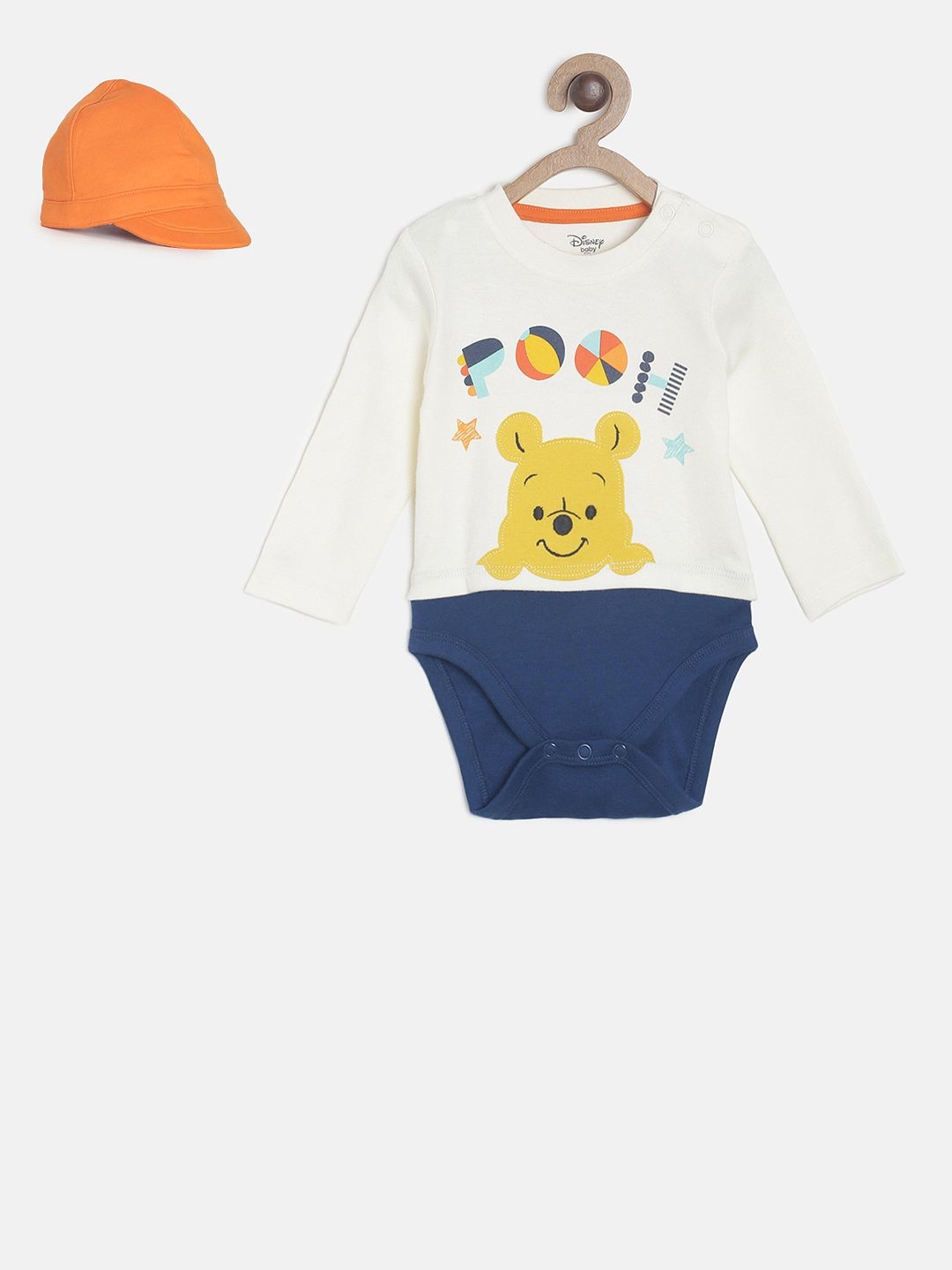 

MINI KLUB Infant Baby White & Navy Blue Disney Printed Bodysuits with a Cap