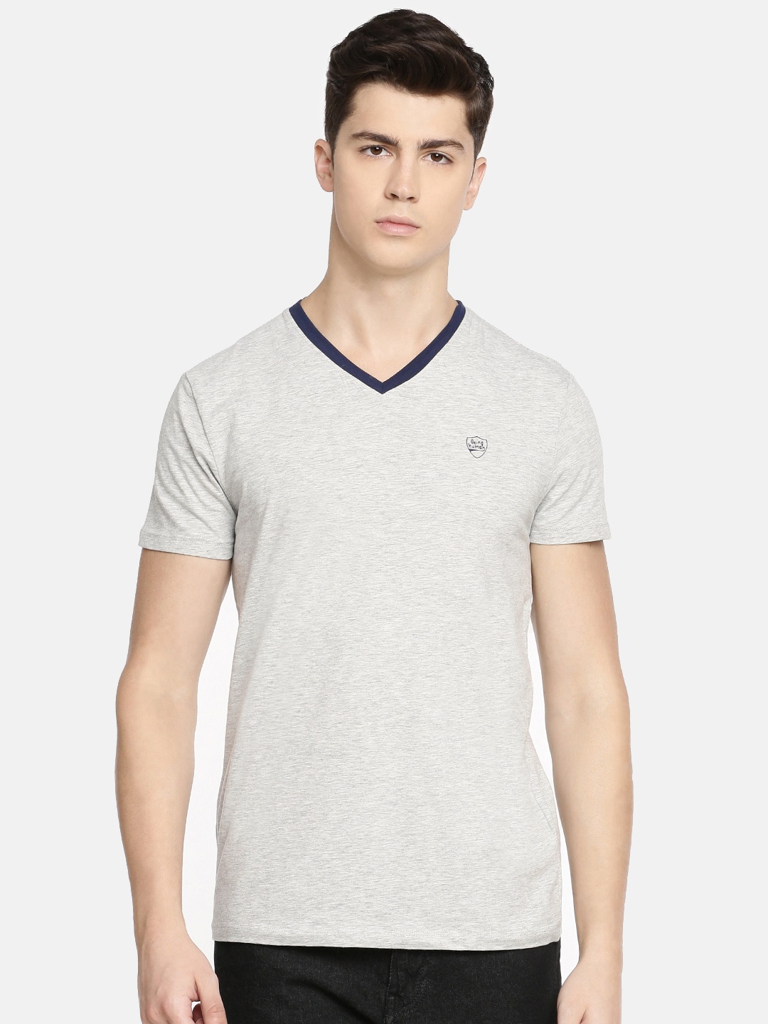 

Being Human Clothing Men Grey Melange Solid V-Neck T-shirt
