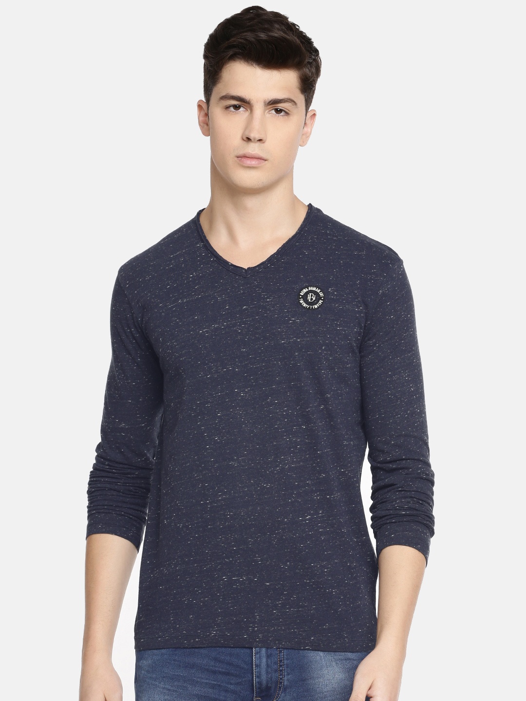 

Being Human Men Navy Blue Melange Solid Round Neck T-shirt