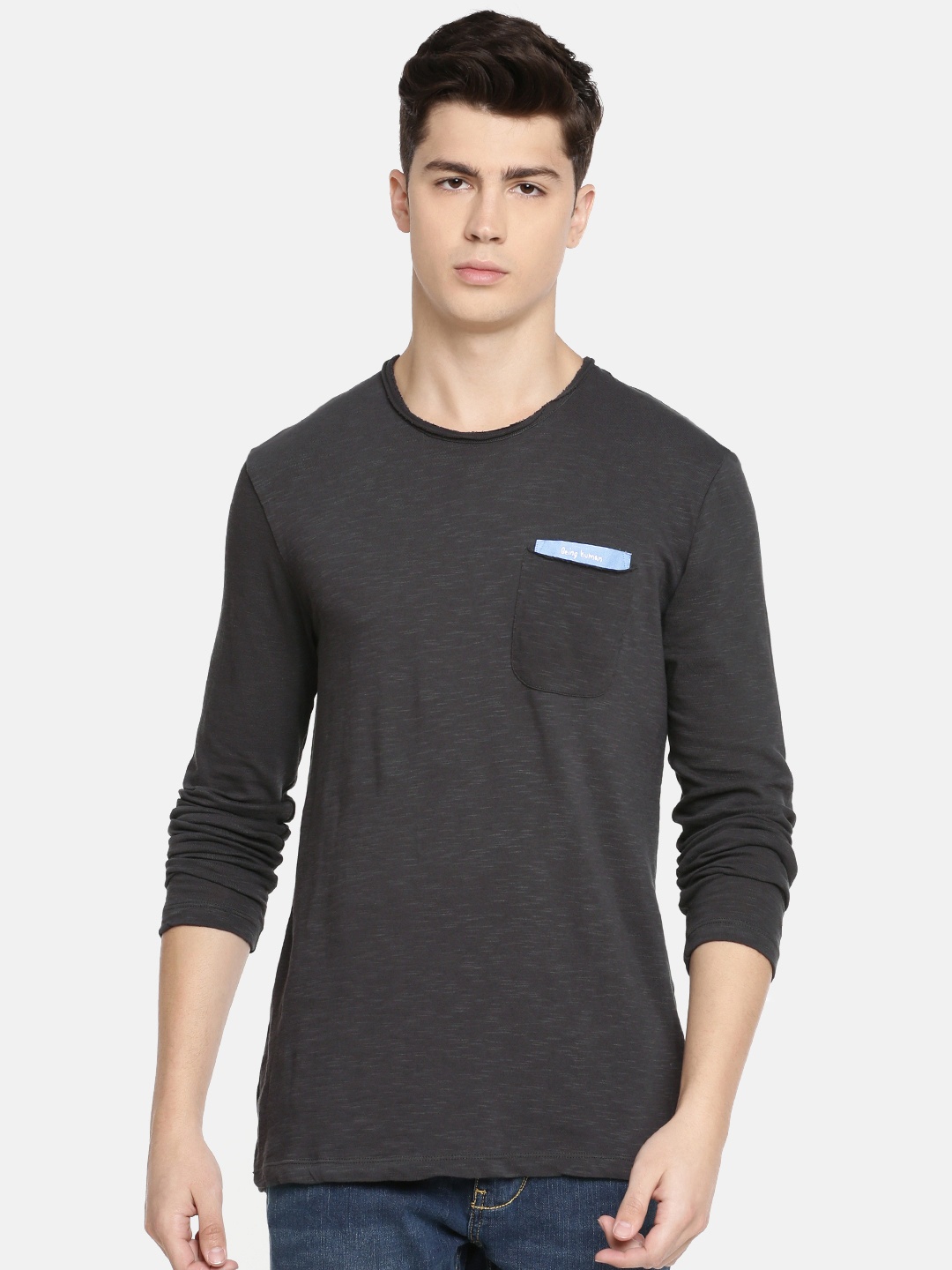 

Being Human Clothing Men Charcoal Grey Solid Round Neck Pure Cotton T-shirt