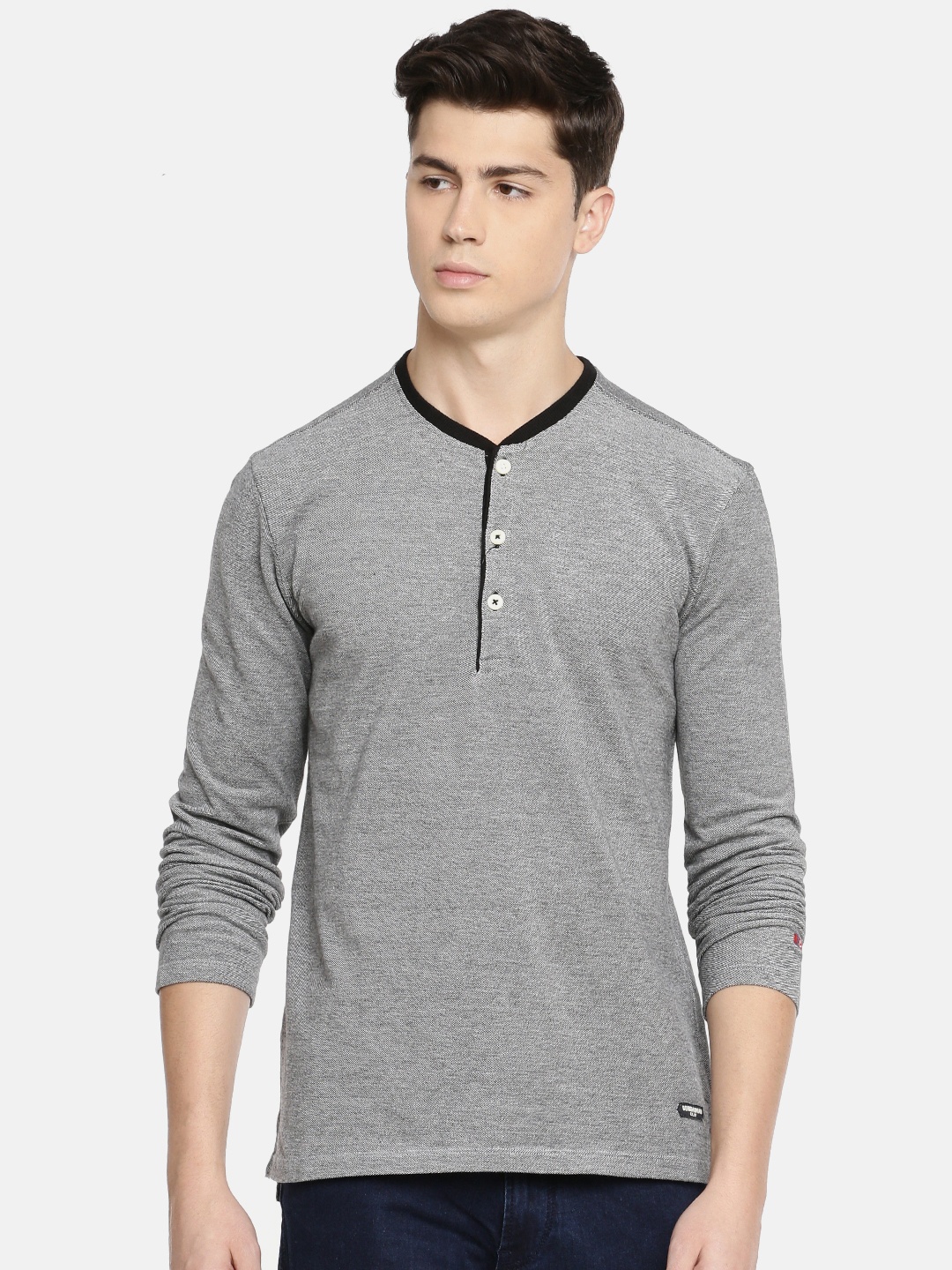 

Being Human Men Black Self Design Henley Neck Pure Cotton T-shirt