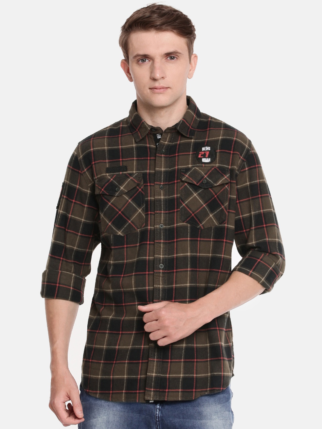 

Being Human Men Brown & Black Regular Fit Checked Casual Shirt