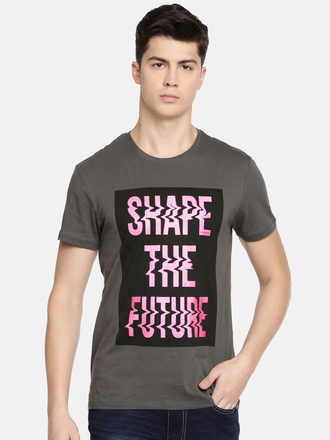 

Being Human Men Charcoal Printed Round Neck Pure Cotton T-shirt
