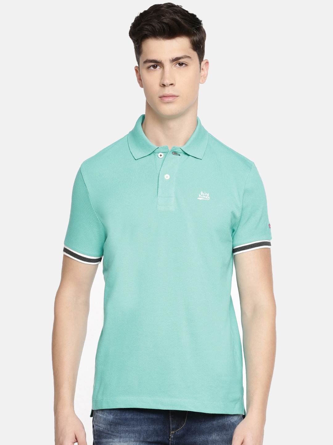 

Being Human Men Turquoise Blue Solid Polo Collar Pure Cotton T-shirt