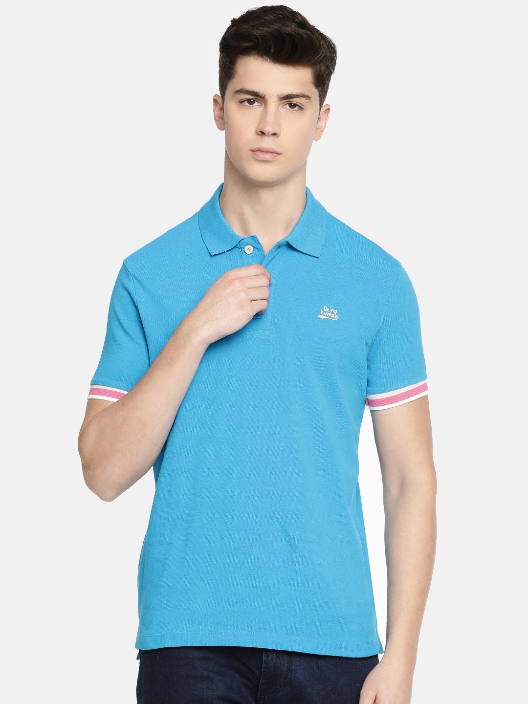 

Being Human Men Blue Solid Polo Collar Pure Cotton T-shirt