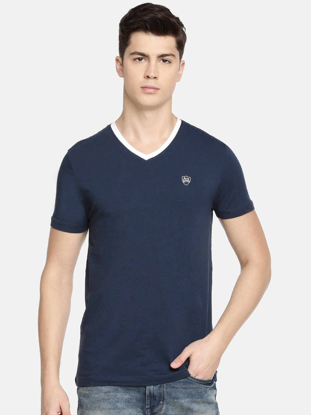 

Being Human Clothing Men Navy Blue Solid V-Neck T-shirt