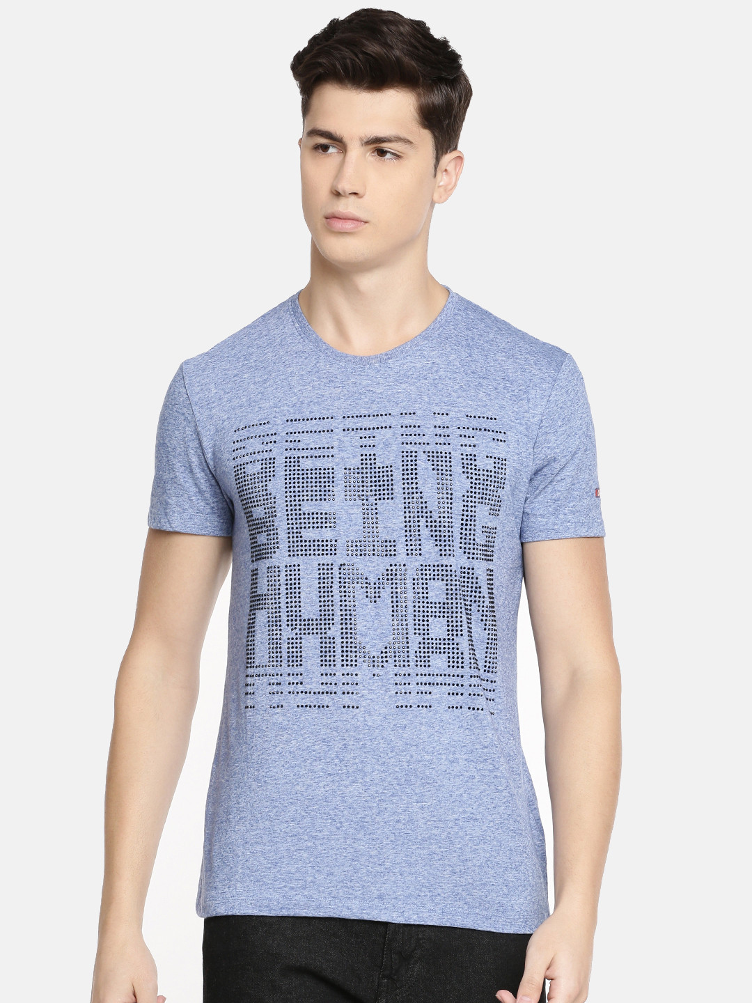

Being Human Clothing Men Blue Melange Embellished Round Neck T-shirt