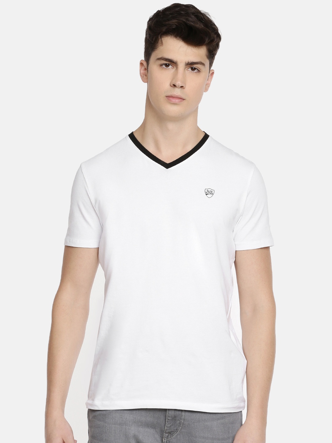 

Being Human Men White Solid V-Neck T-shirt