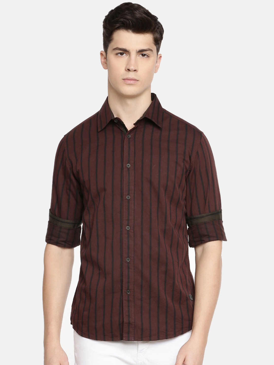 

Being Human Men Maroon & Black Comfort Fit Striped Casual Shirt