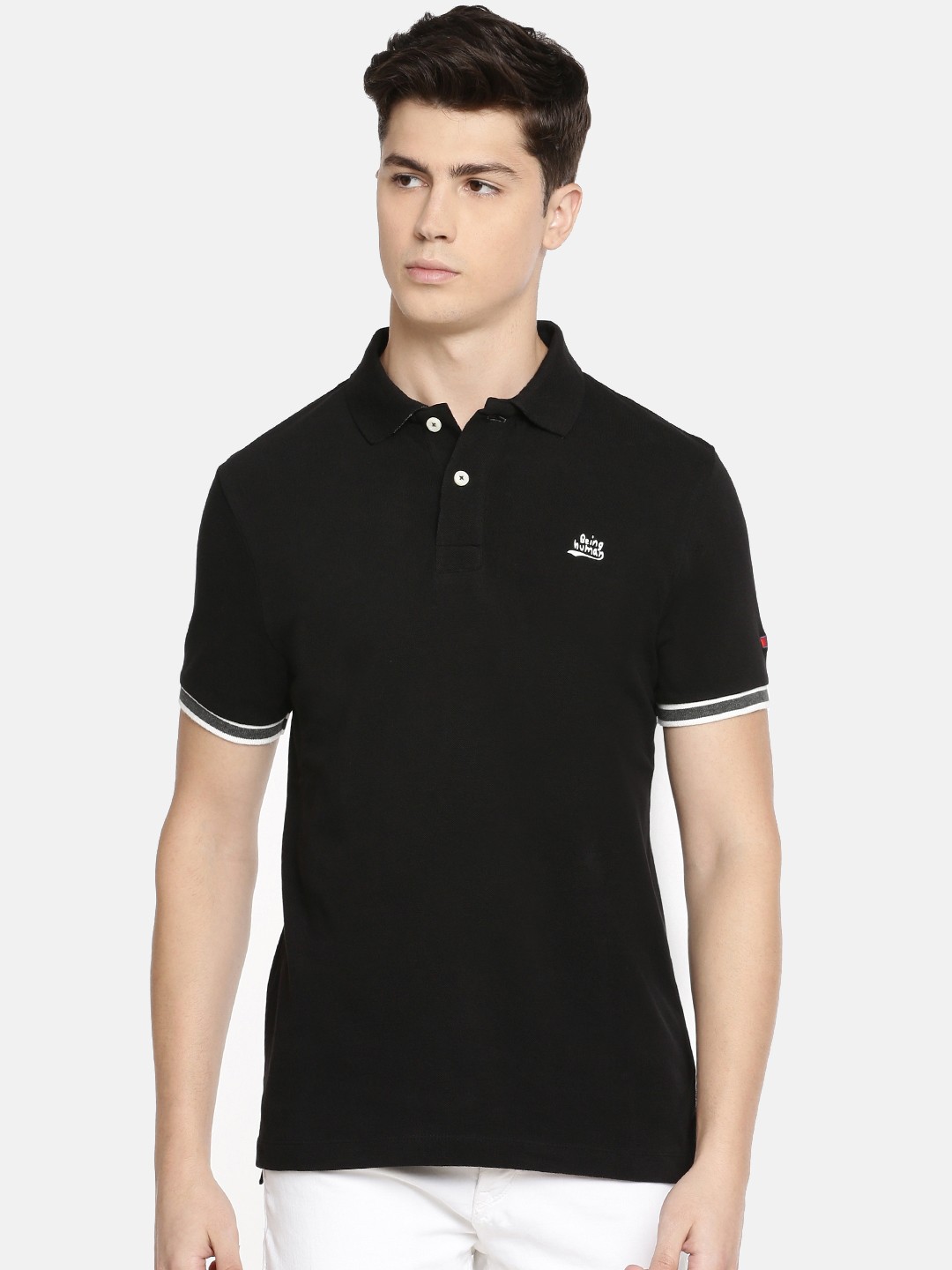 

Being Human Men Black Solid Polo Collar Pure Cotton T-shirt