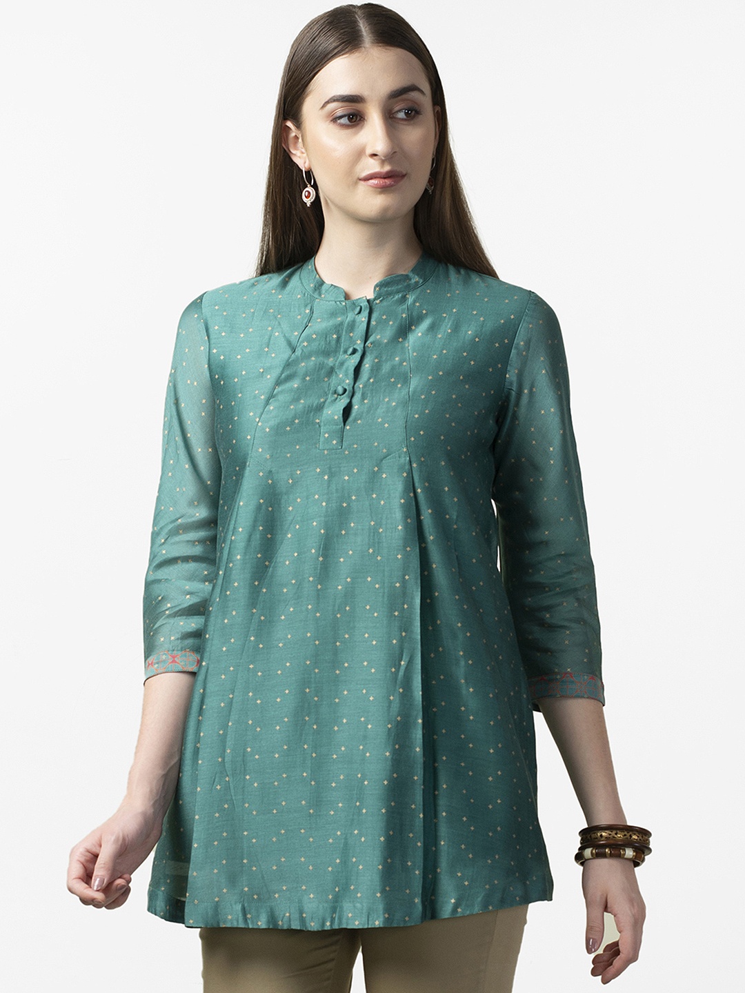 

Fabindia Women Green & Golden Hand Block Print Tunic