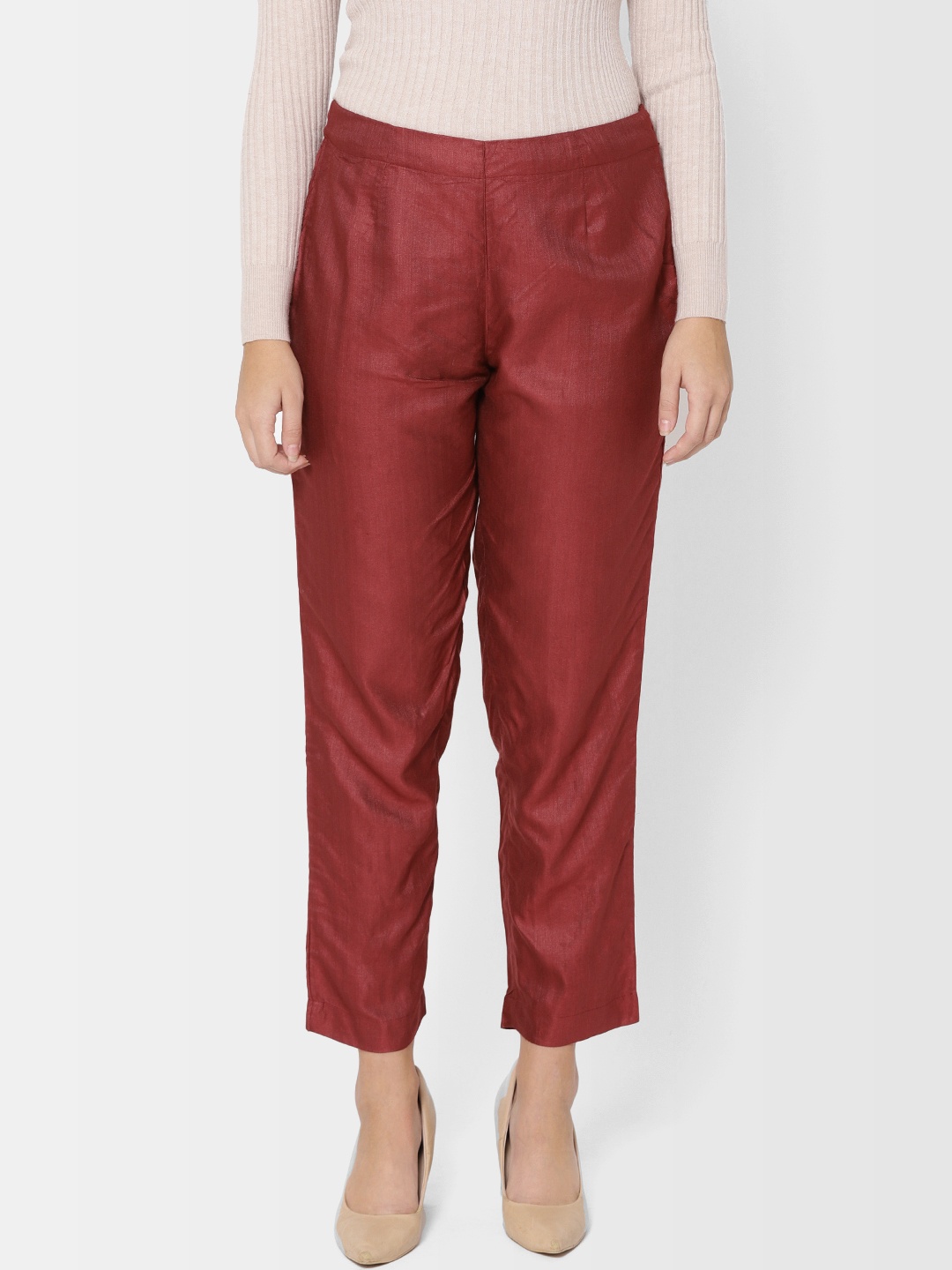 

Fabindia Women Maroon Slim Fit Solid Cropped Regular Trousers