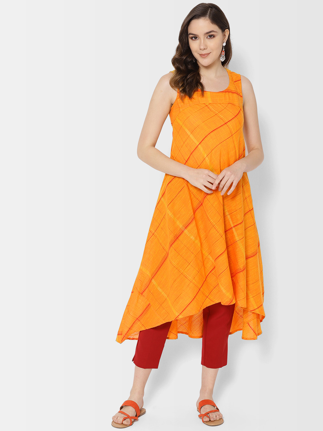 

Fabindia Women Orange & Red Self-Checked A-Line Kurta