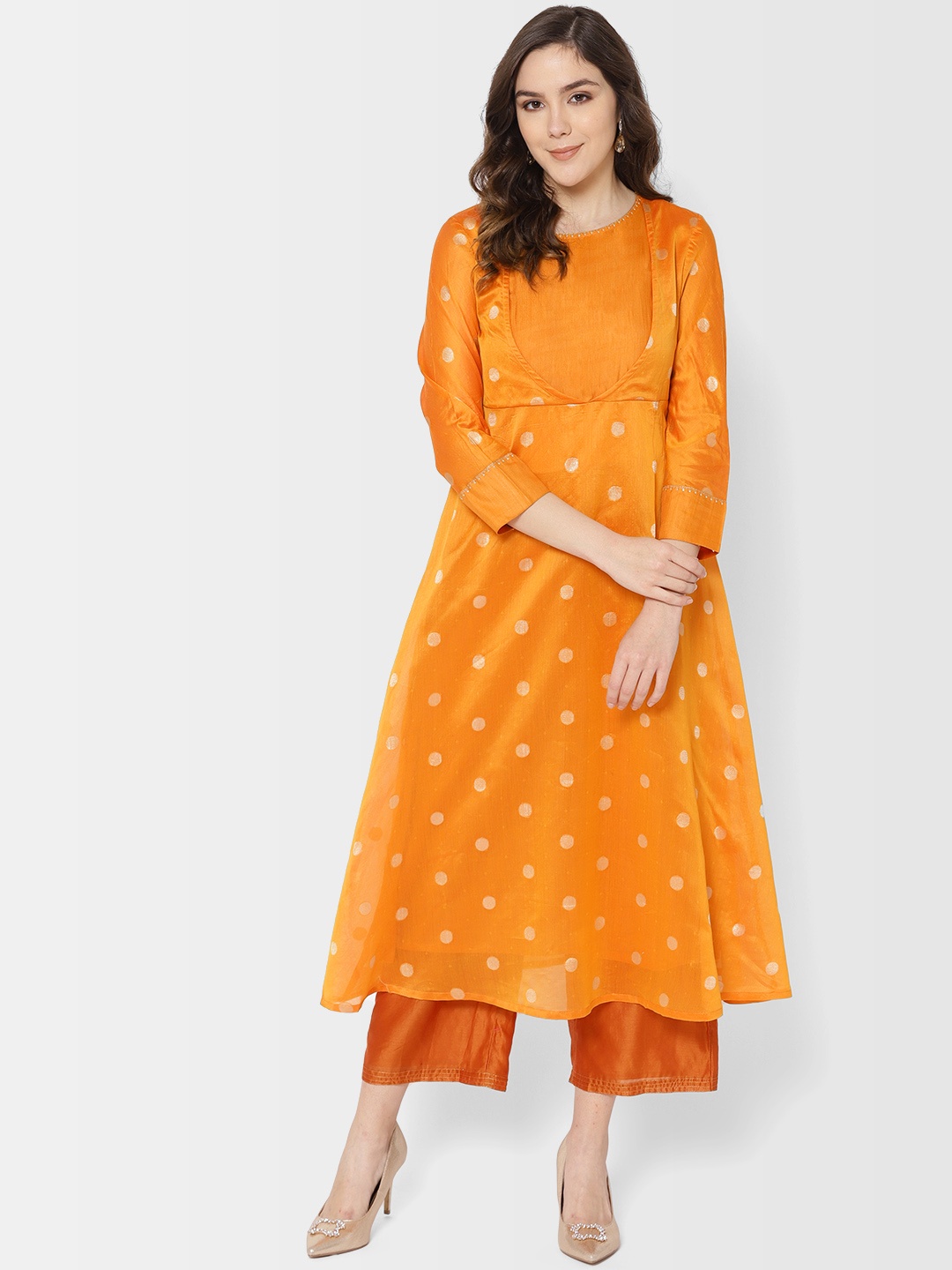 

Fabindia Women Mustard Yellow & Golden Woven Design Slim Fit Empire A-Line Kurta