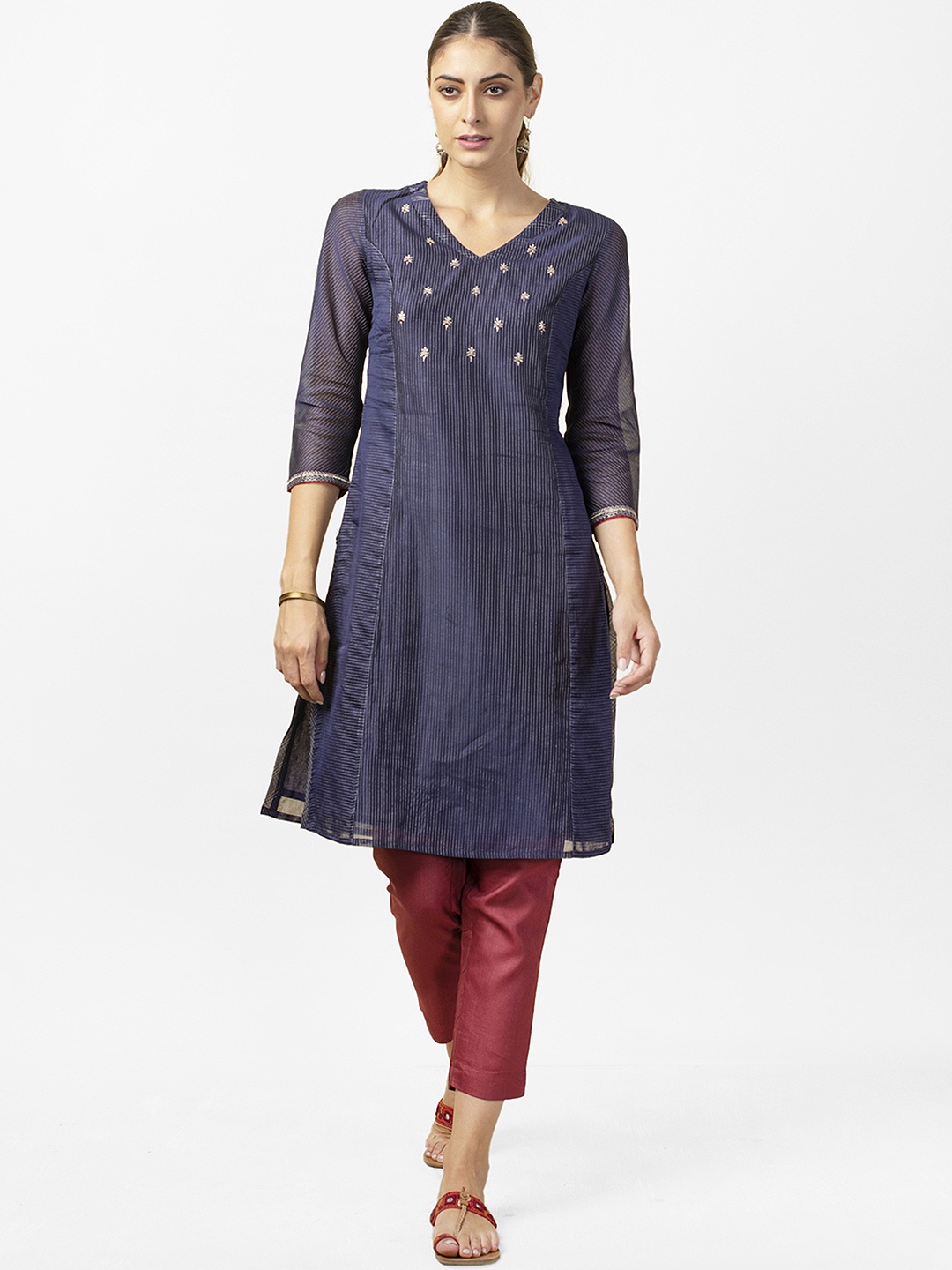 

Fabindia Women Navy Blue & Golden Striped Slim Fit Straight Kurta