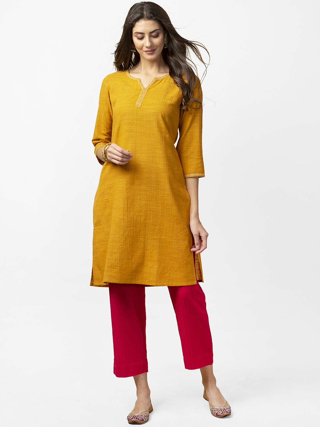 

Fabindia Women Mustard Yellow Woven Design Straight Kurta