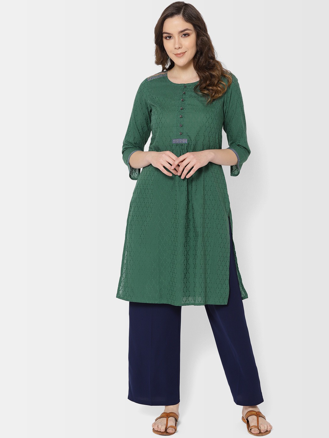 

Fabindia Women Green Woven Design Straight Kurta