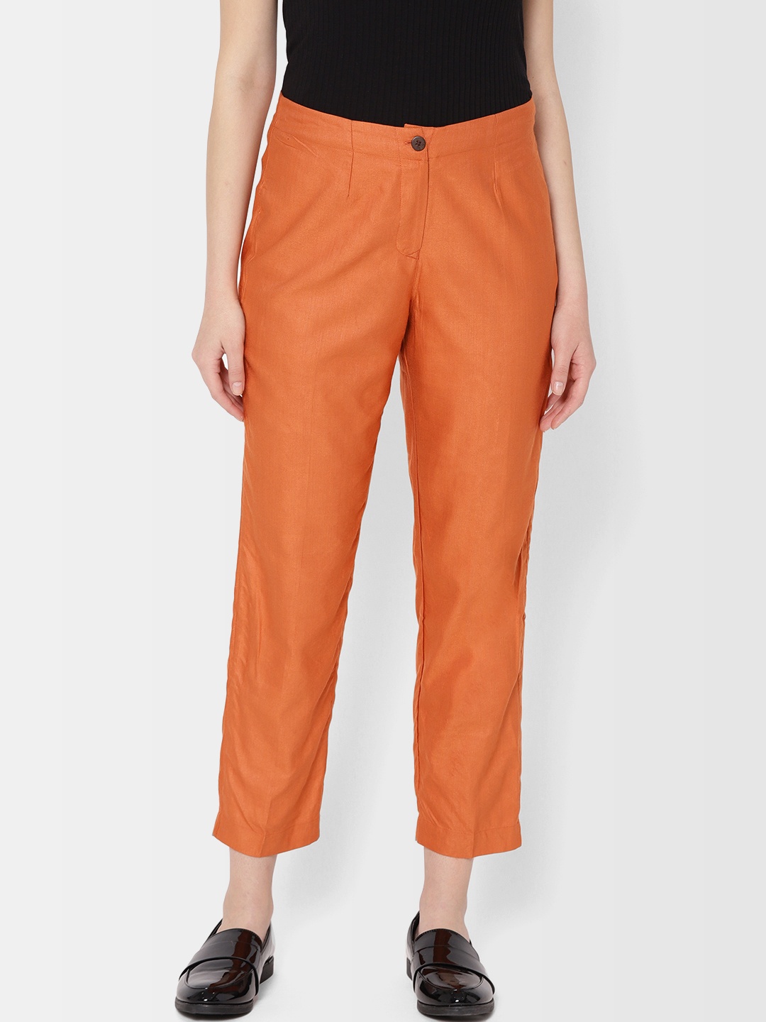 

Fabindia Women Rust Orange Slim Fit Solid Cropped Regular Trousers