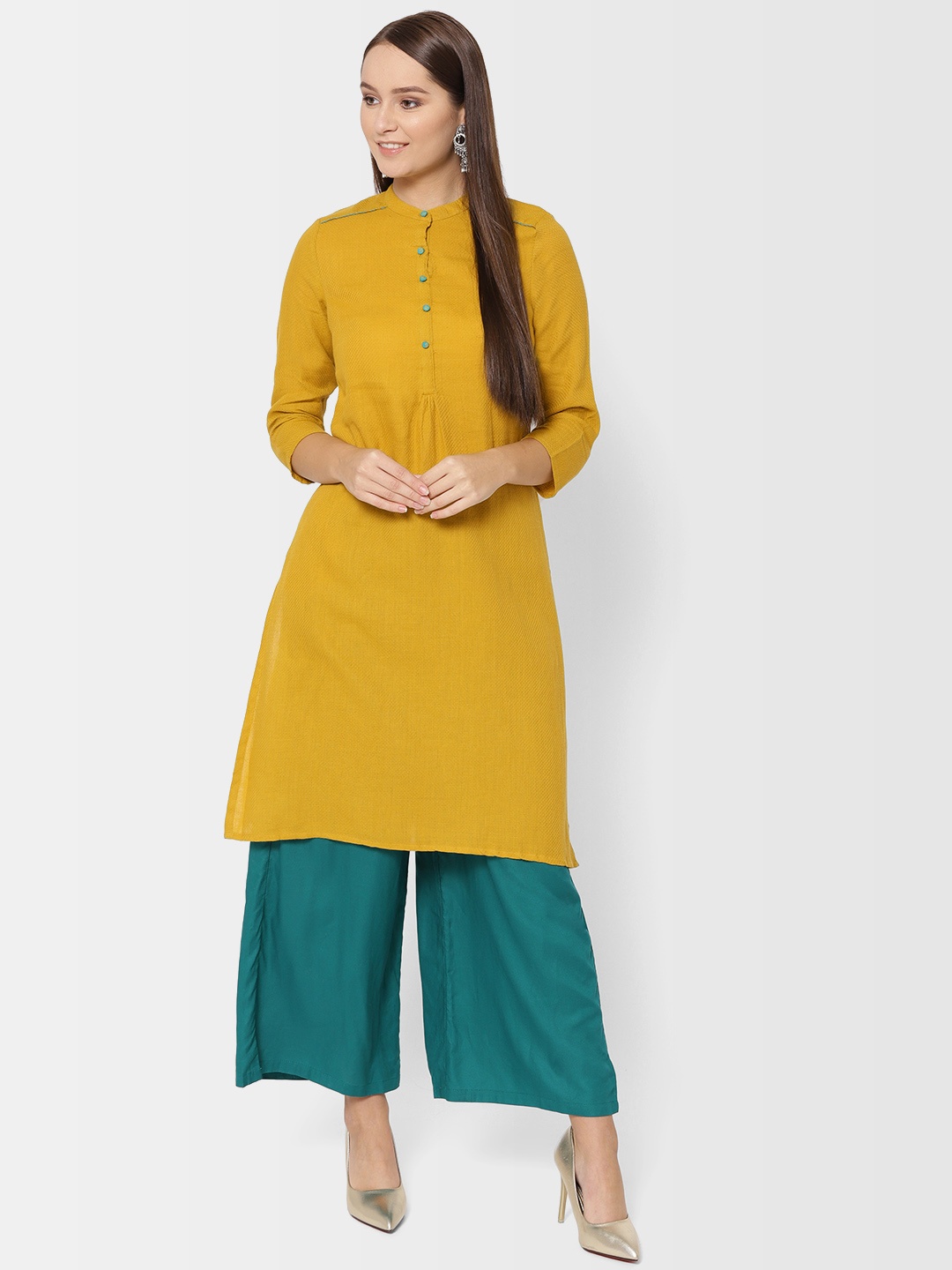 

Fabindia Women Yellow Woven Design Straight Kurta