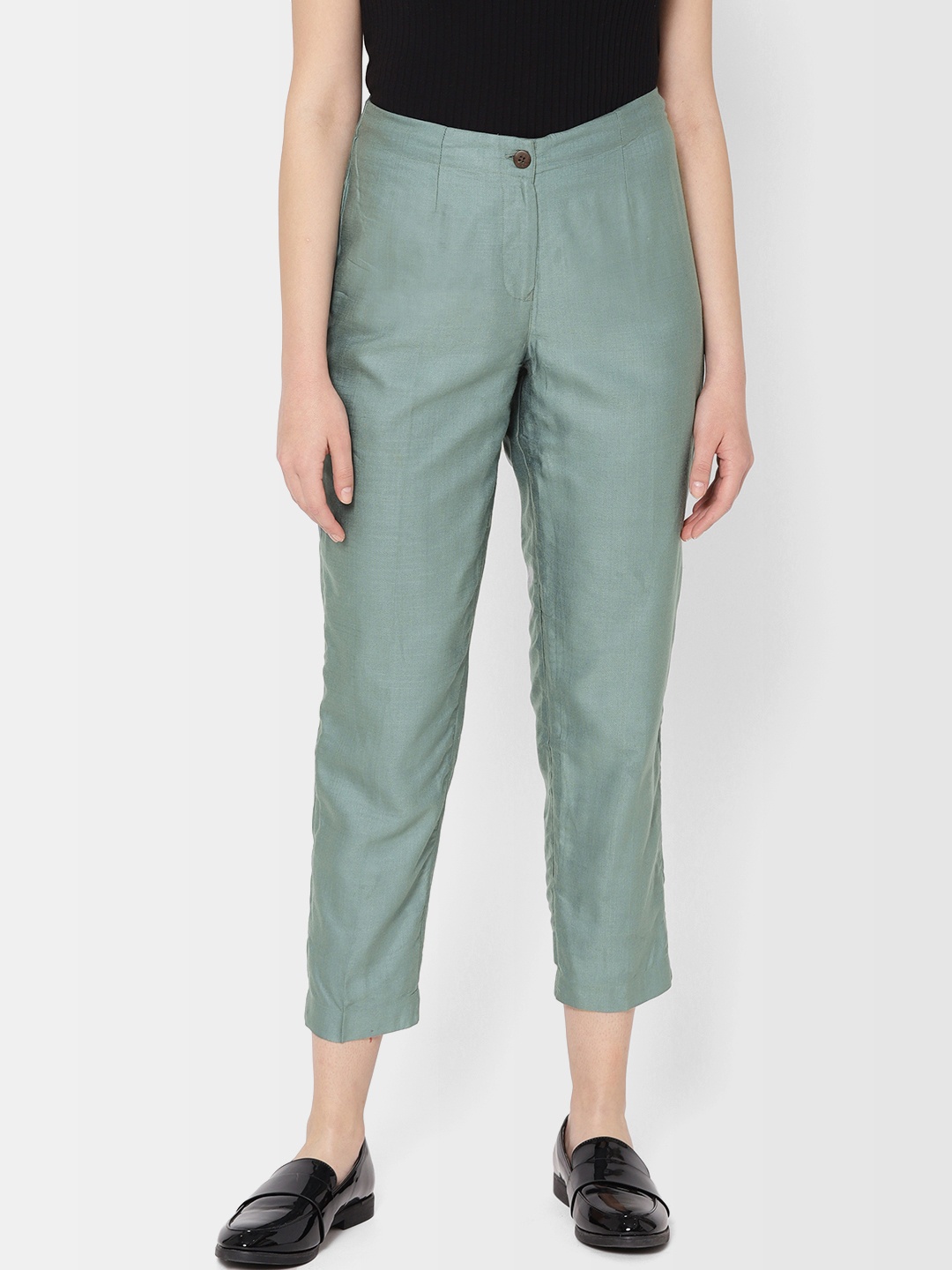 

Fabindia Women Green Slim Fit Solid Cropped Regular Trousers