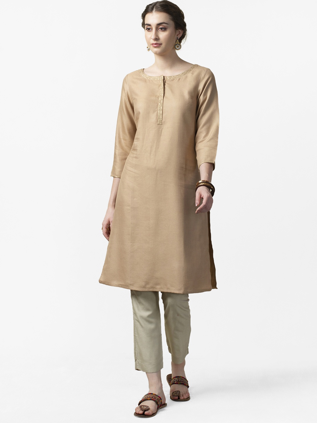 

Fabindia Women Beige Dobby Woven Design Straight Kurta