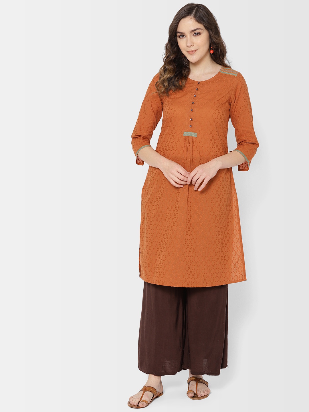 

Fabindia Women Rust Orange Woven Design Straight Kurta