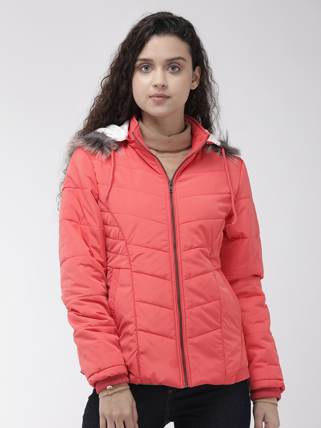 

Fort Collins Women Peach-Coloured Solid Padded Jacket with Detachable Hood