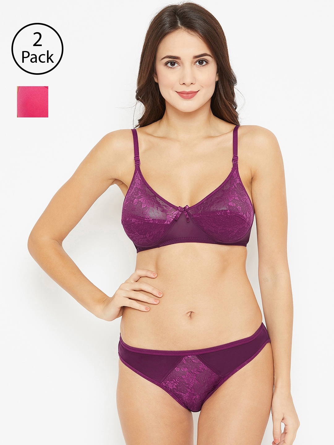 

N-Gal Women Pack of 2 Solid Lingerie Set, Magenta