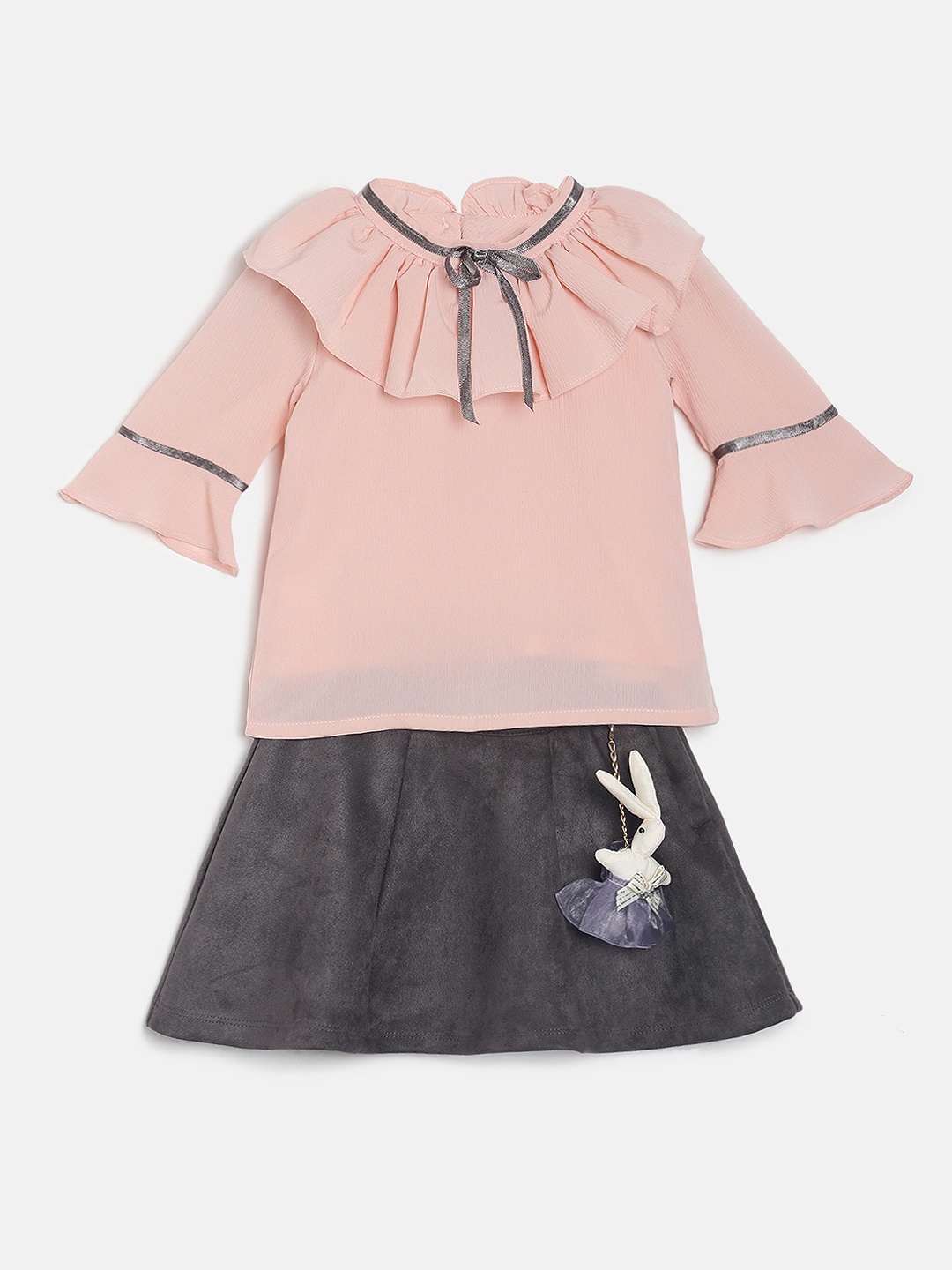 

Peppermint Girls Peach-Coloured Solid Top with Skirt
