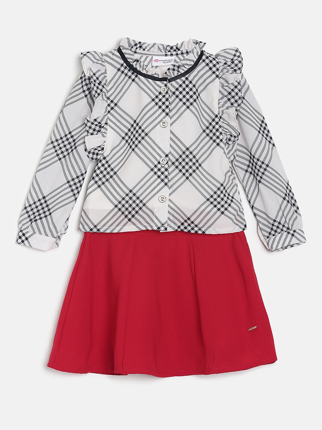 

Peppermint Girls White & Black Checked Top with Skirt, Off white