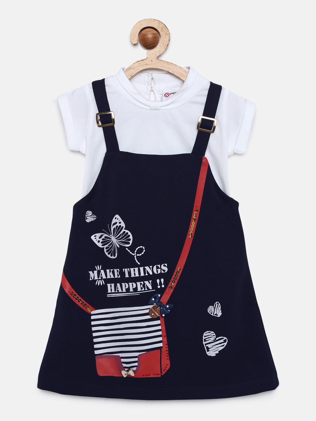 

Peppermint Girls Navy Blue & White Printed Dungaree