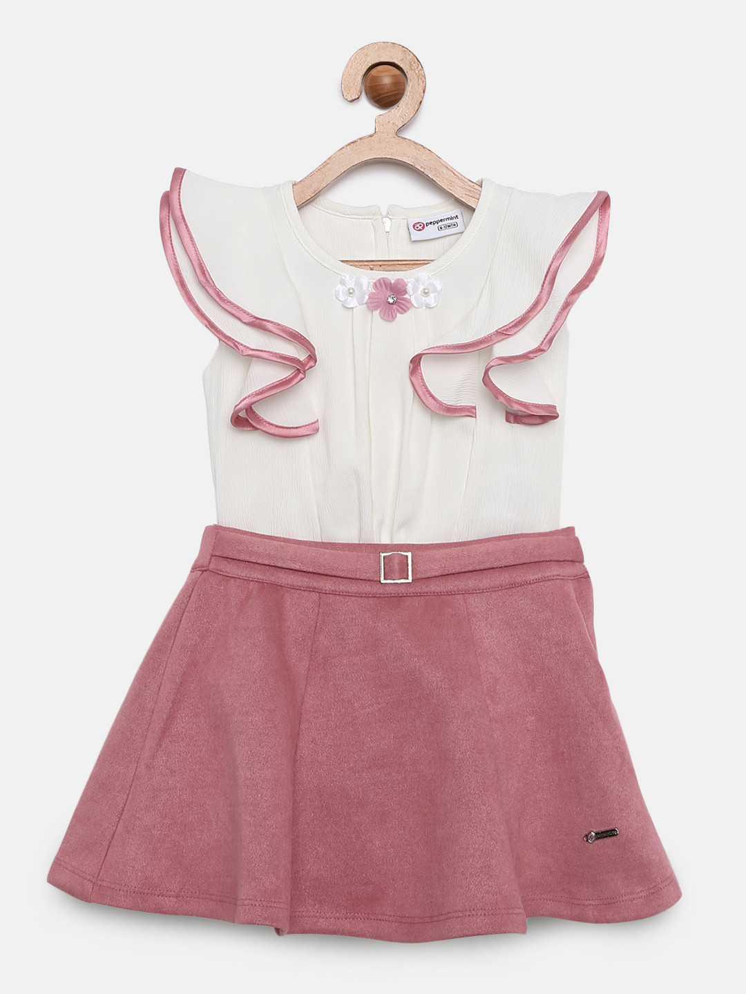 

Peppermint Girls Peach-Coloured Solid Top with Skirt